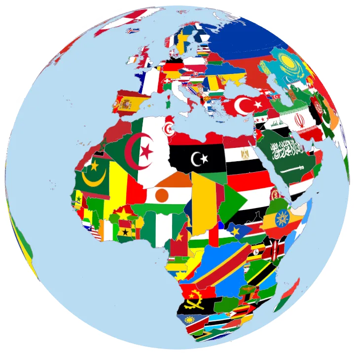A 3D globe with every country painted in its own flag